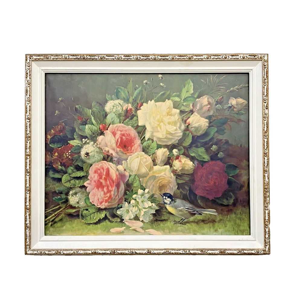 Vtg Floral Lithograph Print Cabbage Roses Blue Bird Antique Wooden Frame 18x22"
